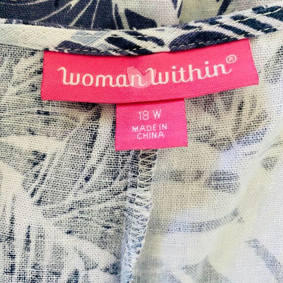 Woman Within Blue Tropical Leaf Print Sleeveless Linen Blend High Low Dress 18W - Picture 5 of 9